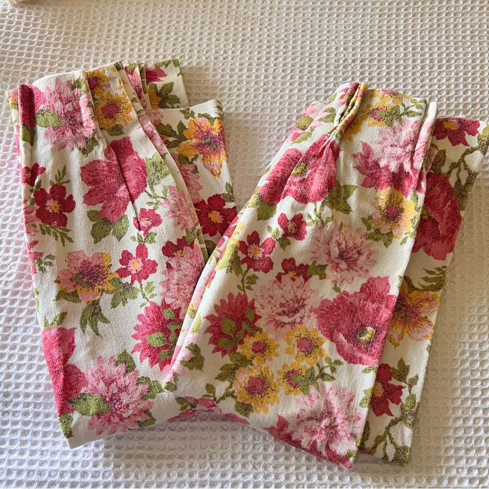 VINTAGE terrycloth FLORAL CURTAINS Large Pink Rose Yellow Green Flowers 2 panels